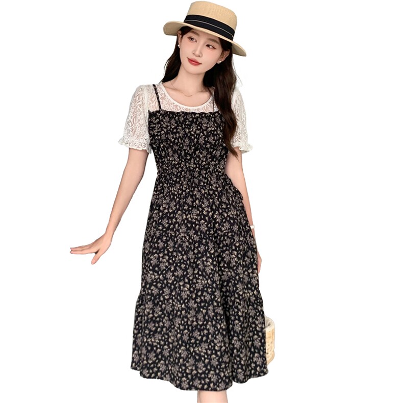 正品哥家女装2025年夏季新款吊带假两件蕾丝拼接碎花连衣裙女裙子,女装连衣裙,心心服饰