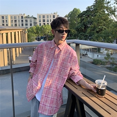 日系cityboy复古长袖衬衫男秋季潮流设计感小众粉色格子衬衣外套，男装衬衫，电商B413-1