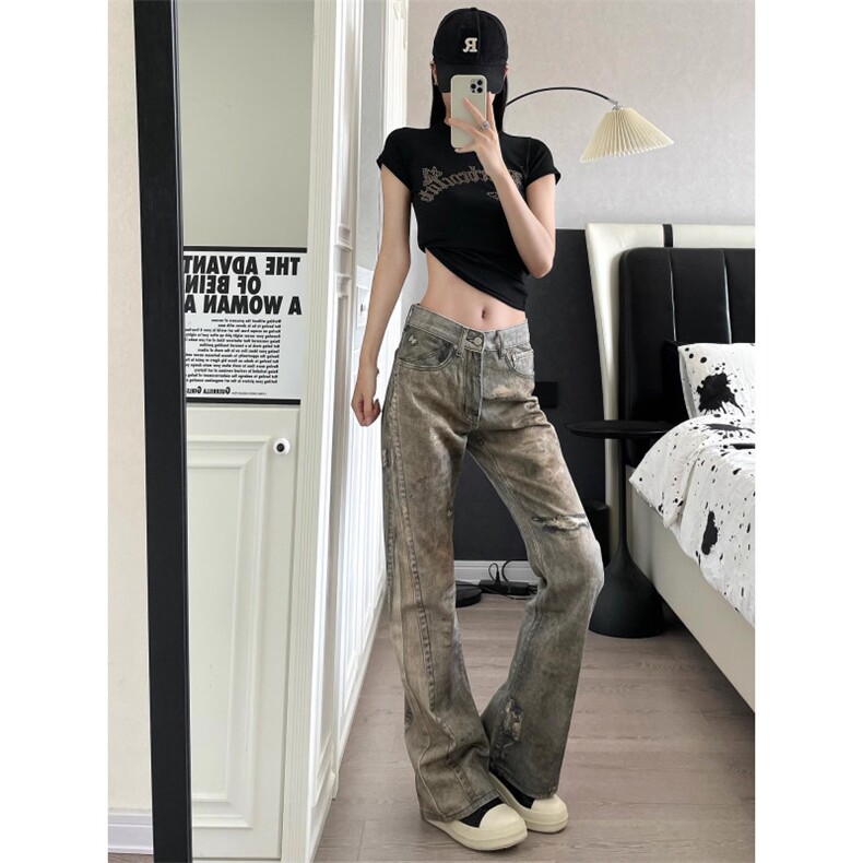 美式高街cleanfit数码印花脏染微喇水洗牛仔裤显瘦修身N1169-P57图片