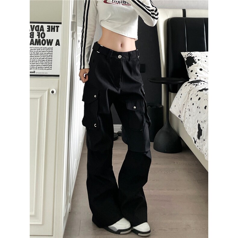 美式高街vibe机能风多口袋伞兵工装裤男女褶皱设计休闲微喇裤潮牌图片