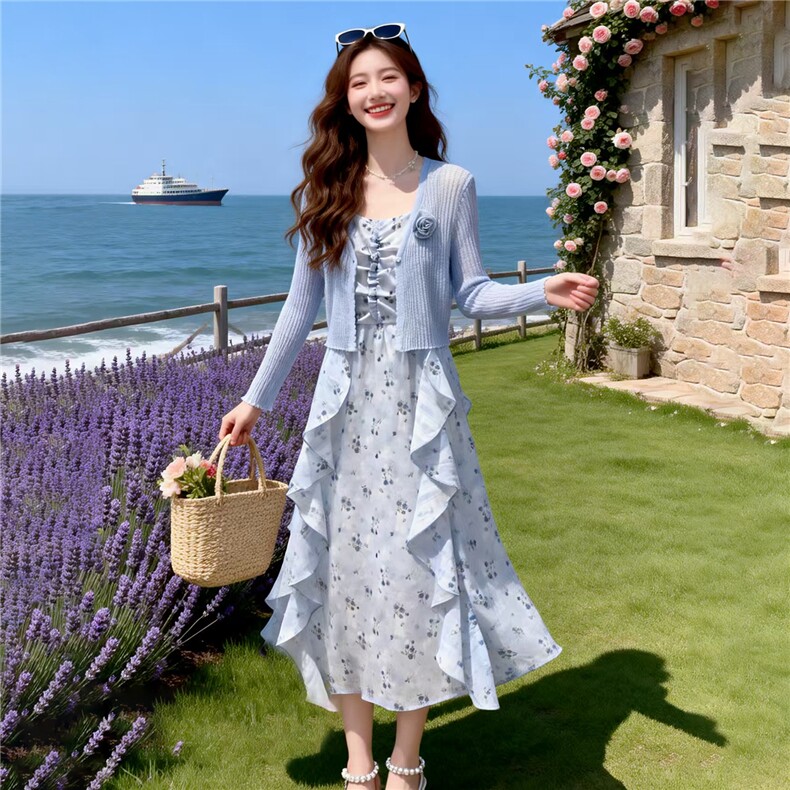 2026年夏季长袖针织开衫+吊带碎花连衣裙女度假风两件套裙,女装套装/套裙,贝蕾酷儿