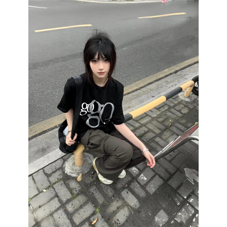 T0752-P25 美式休闲纯棉黑色短袖 24新款春夏情侣款上衣百搭图片