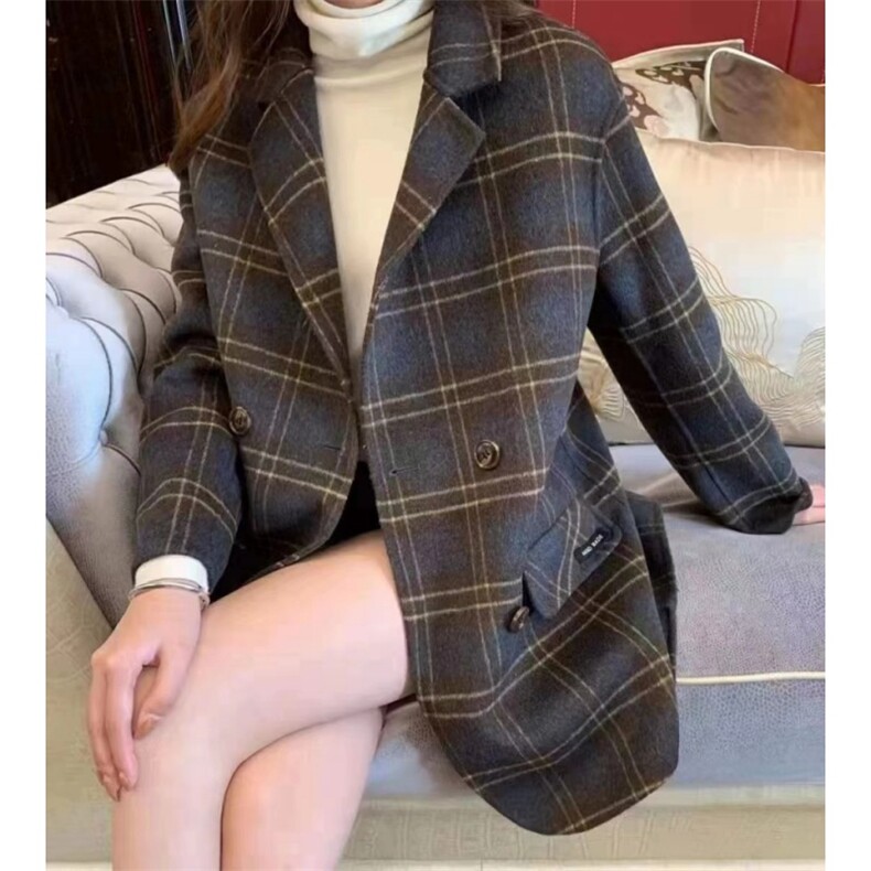 现货主推格子西装毛呢女春秋2026新小个子时尚双面羊毛外套,女装毛呢外套,丝露怡语
