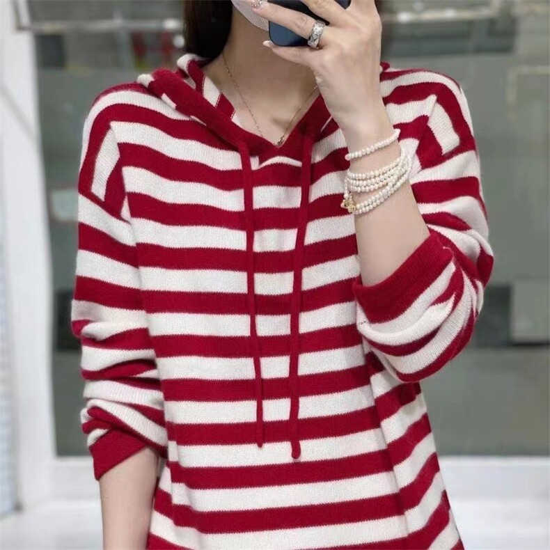 松弛感羊毛衫女条纹连帽时尚针织上衣洋气减龄宽松针织衫,女装羊毛衫,悦玛羊绒