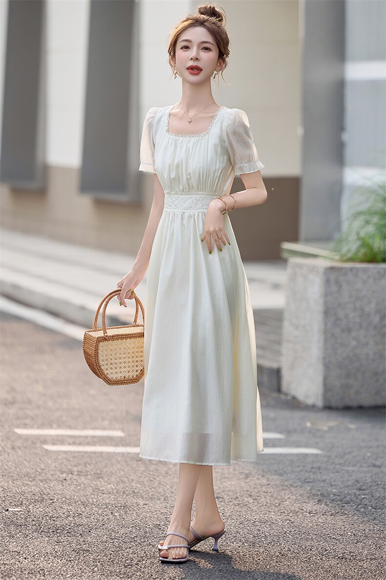 2025夏季新款蕾丝花边拼接显瘦连衣裙,女装连衣裙,1C078