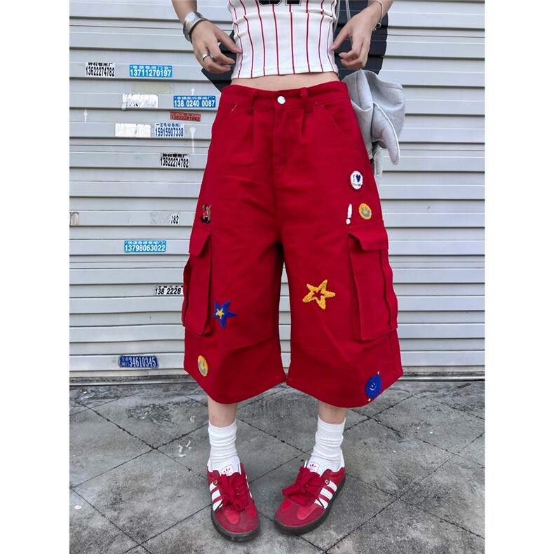 CP1255-P59美式植绒刺绣工装牛仔七分裤男女夏季宽松休闲阔腿,男装牛仔裤,电商B323A