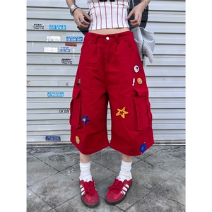 CP1255-P59美式植绒刺绣工装牛仔七分裤男女夏季宽松休闲阔腿,黄棕色小脚裤搭配什么鞋子图片