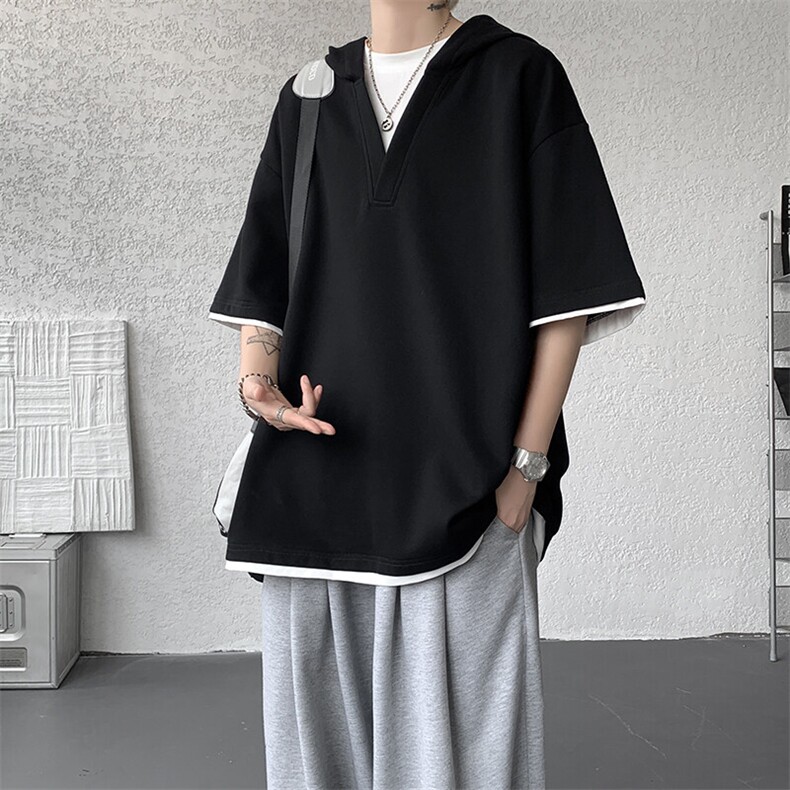8XL-M假两件短袖卫衣连帽t恤男夏季薄款宽松大码学生半袖DT007P48,男装T恤,电商B312
