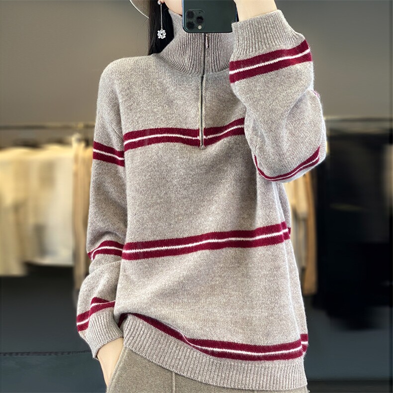 100%纯羊毛衫女半开领拉链条纹拼色加厚长袖针织毛衣宽松羊绒打底，女装羊毛衫，冀清阳荣