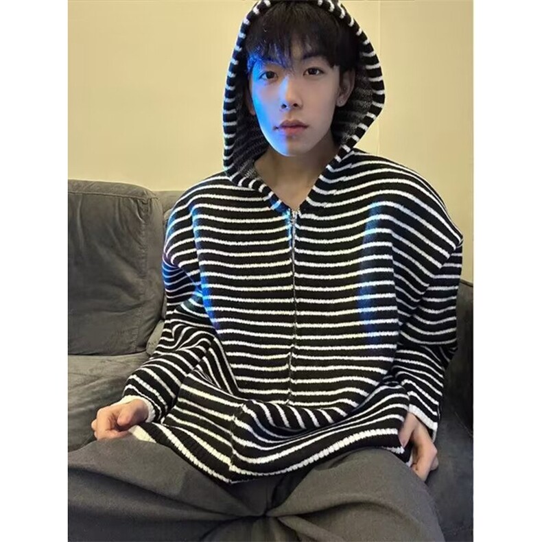 网图加厚抗起球条纹连帽针织衫毛衣外套W1831/特P55,男装针织衫/毛衣,电商B350
