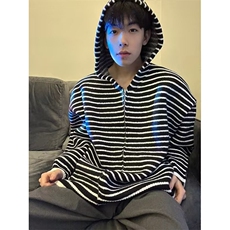网图加厚抗起球条纹连帽针织衫毛衣外套W1831/特P55，男装针织衫/毛衣，电商B350