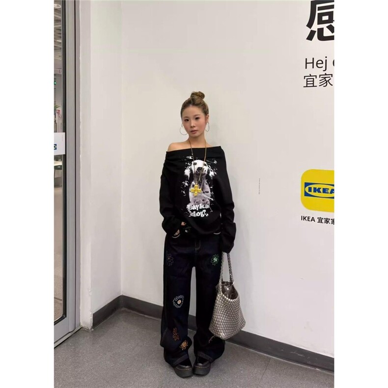 美式高街复古花卉刺绣黑色牛仔裤男女宽松显瘦百搭阔腿直筒拖地长,男装牛仔裤,四季星座505