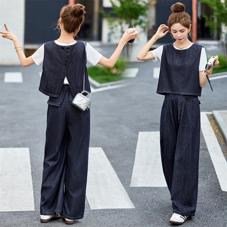 时尚休闲显瘦气质炸街牛仔套装女春秋新款短外套+直筒长裤两件套，女装套装/套裙，瑶迪依秀
