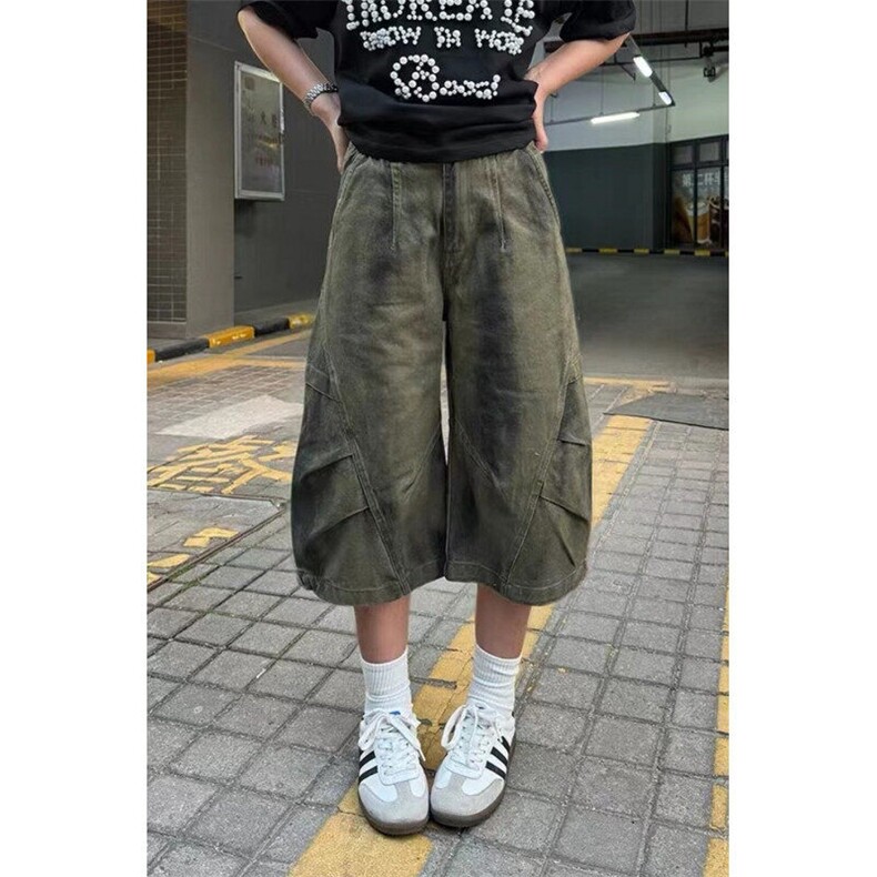 复古脏染工装弯刀牛仔七分裤女夏季宽松阔腿中裤镰刀短裤KAT29,男装牛仔裤,星座1116A（原606A-3）