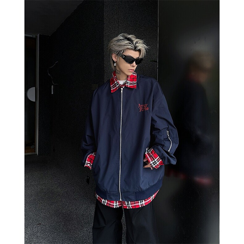2025春装飞行员假两件夹克美式复古格子拼接棒球服A025-Y96-P75,男装夹克,电商A025