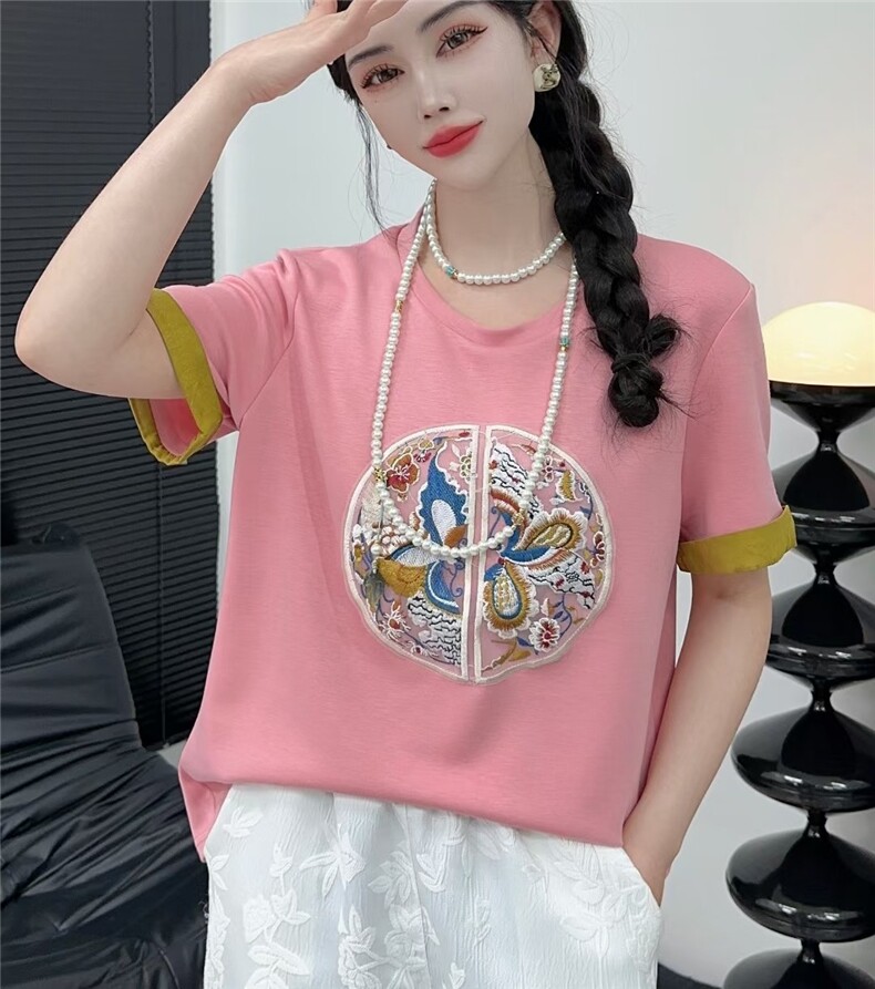 2025时尚百搭简约中式拼接刺绣短袖，女装T恤，思沃羊绒