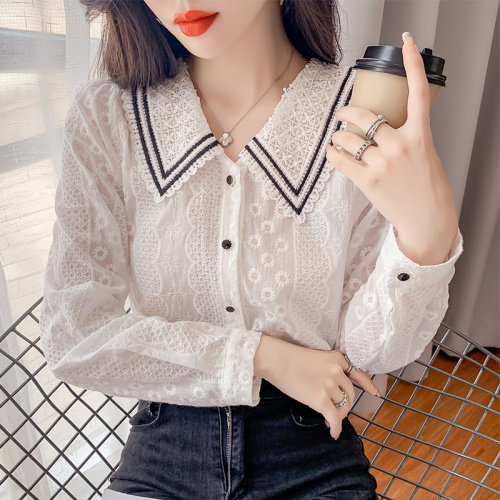 娃娃领雪纺衬衫女2021秋季新款潮洋气棉布绣花薄款长袖上衣女,女装衬衫,潮品会
