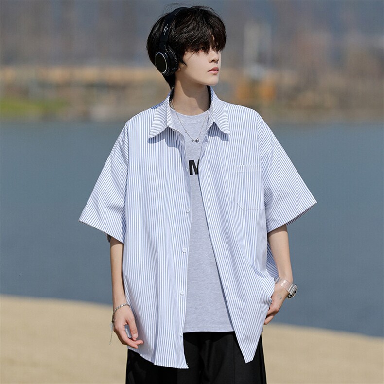 8XL-M条纹短袖衬衫男夏季宽松慵懒风痞帅大码衬衣外套DC28001P40,男装衬衫,电商B312