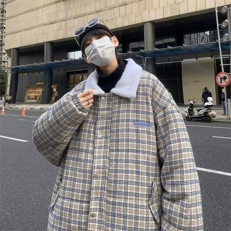 日系复古格子羊羔绒棉服男冬季ins潮牌宽松休闲加厚DWM03-P85,男装棉衣,星座1109-3