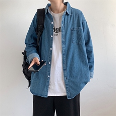 韩版潮流春季港风牛仔衬衫男长袖纯色上衣宽松痞帅衬衣W2444-P42，男装衬衫，星座512-2