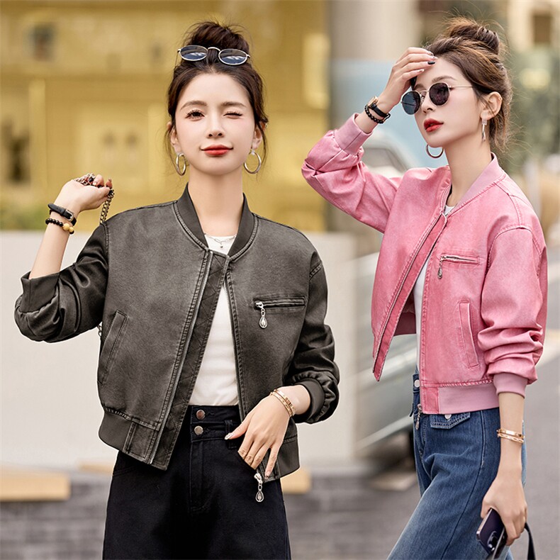 现货时髦做旧复古PU皮衣夹克外套女小个子2024新款短款立领机车服，女装皮衣，江南女神