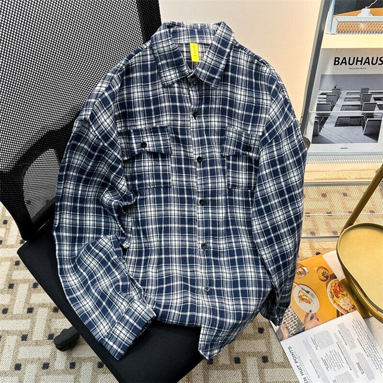 2025新款长袖格子衬衫嘻哈街头设计感衬衣外套现货W8574-P43,男装衬衫,星座512-4