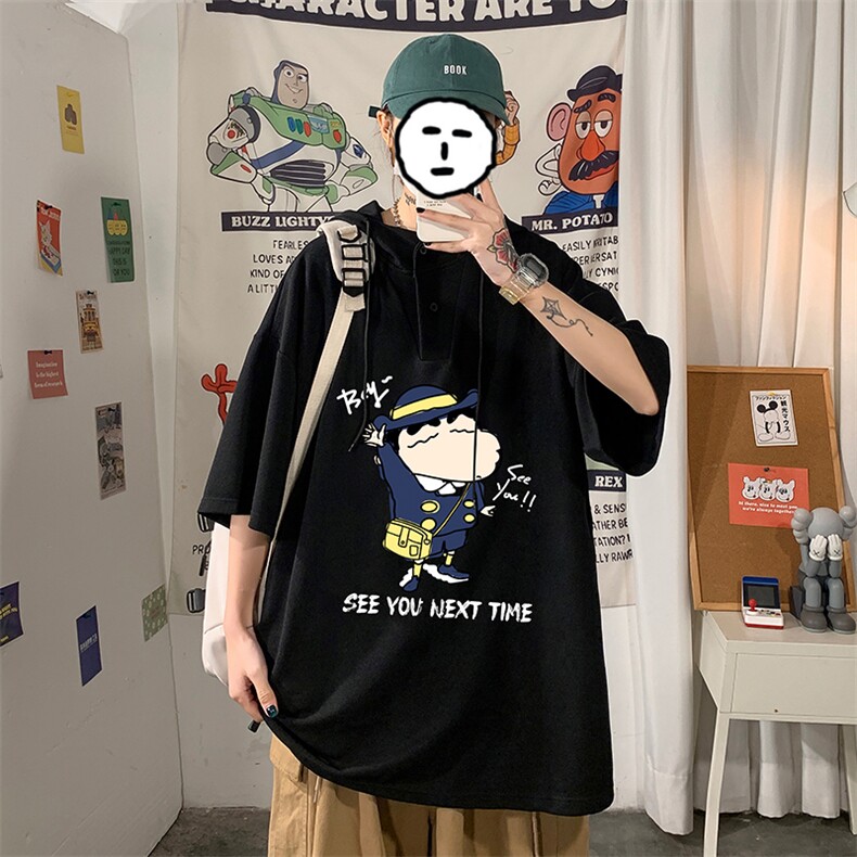 LD54240-P45蜡笔小新连帽短袖t恤男大码胖子带帽五分袖中袖,男装T恤,电商A040