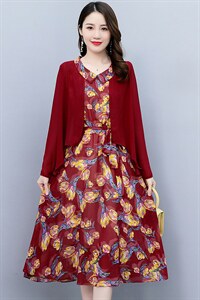 2022年春季时尚简约大方气质优雅收腰显瘦碎花裙两件套图片