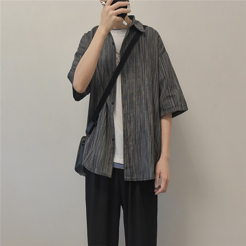 现货条纹五分袖衬衫宽松男生衬衣KD584-P45,男装T恤,电商D312-1