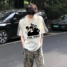 抖音得物高品质二开240克宽松纯棉美式潮牌三条杠织带短袖T恤，男装T恤，电商A486-1