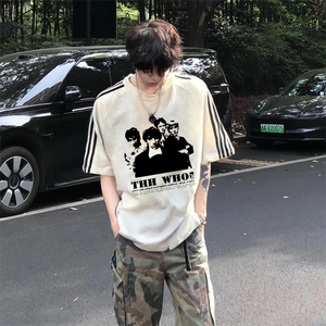 抖音得物高品质二开240克宽松纯棉美式潮牌三条杠织带短袖T恤图片