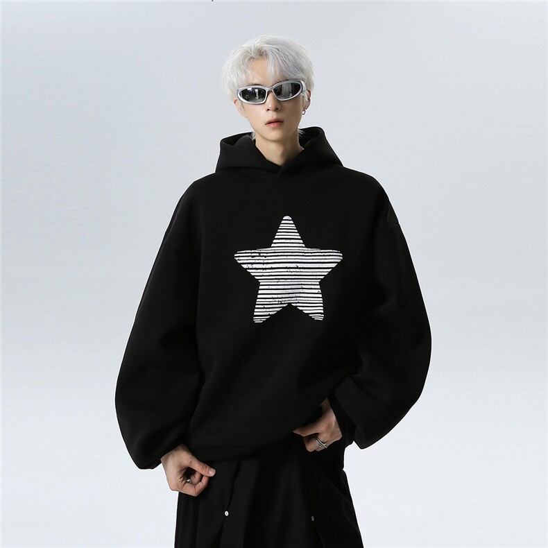 2025新款字母星星印花黑色连帽卫衣男女春秋季情侣帽衫W301-P48，男装卫衣，电商C307