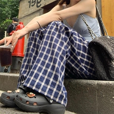 美式高街潮牌男女泡泡格子休闲裤直筒宽松慵懒显瘦阔腿休闲长裤子，男装休闲裤，电商A486
