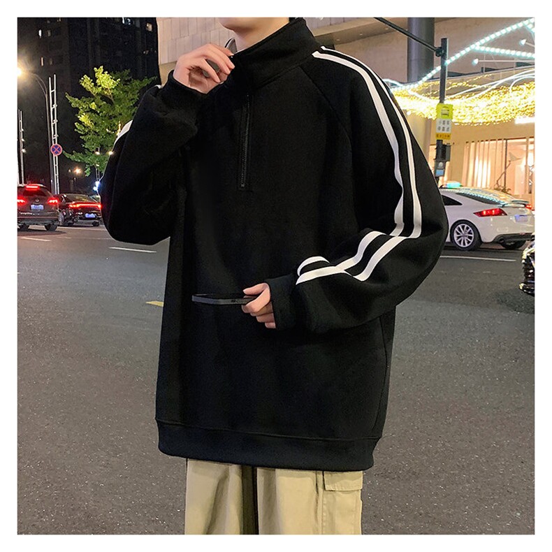 秋季380克全棉宽松条纹拉链套头卫衣立领POLO衫外套AH914-P42,男装Polo衫,四季星座610B
