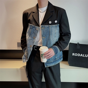 秋季潮男设计款牛仔拼接外套男个性休闲帅气小西服男 JK2302-P145图片