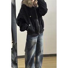 现货重磅boxy短款棉衣座山雕大毛毛领男女棉服水洗工装厚外套，男装棉衣，电商A486-1