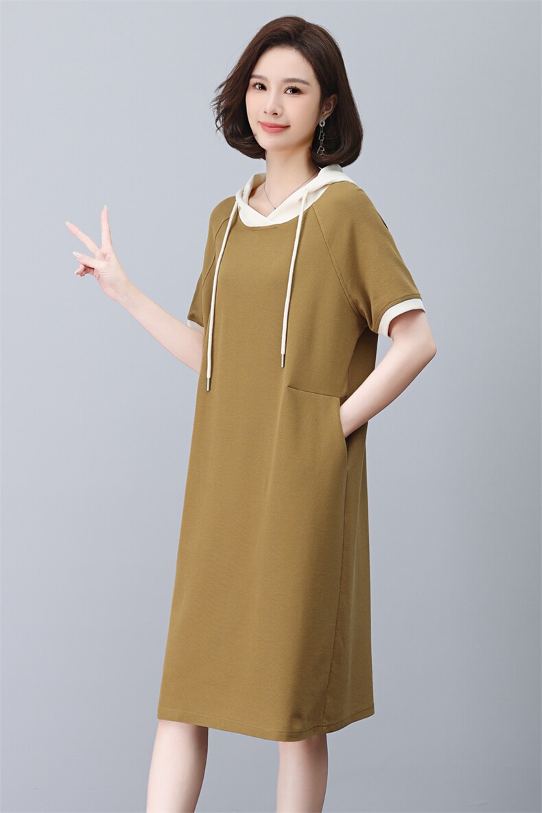 纯棉t恤裙女夏季长款过膝纯色休闲大码连帽连衣裙女显瘦洋气翻领,女装连衣裙,依恋蒂丝