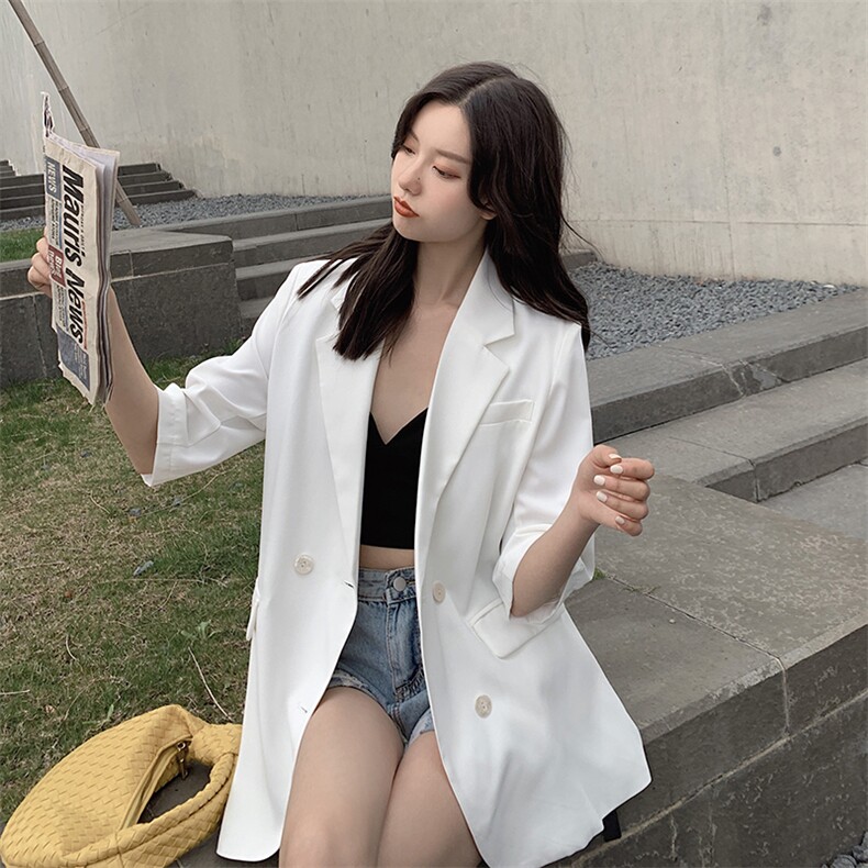款雪纺西装外套女春夏薄款2021新款网红白色气质防晒小西服,女装西装,杭阁服饰