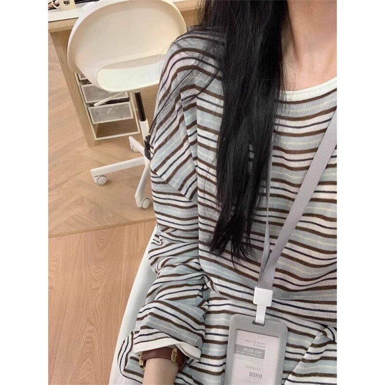 韩系穿搭chic夏日条纹长袖T恤女初秋薄款小个子防晒罩衫撞色上衣图片
