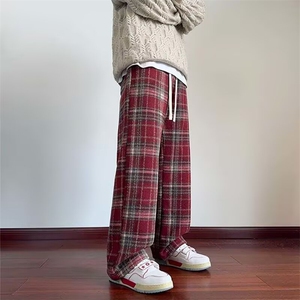 格子毛呢休闲裤男春秋季美式复古宽松直筒阔腿休闲运动长裤子男款图片