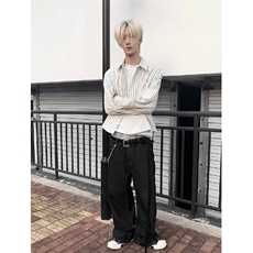 美式潮牌高街复古泡泡纱竖条纹日系肌理长袖衬衫男女休闲宽松衬衣，男装衬衫，电商A443