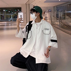 港风短袖衬衫男夏季潮牌痞帅气白色五分半袖上衣工装衬衣，男装衬衫，星座716-4