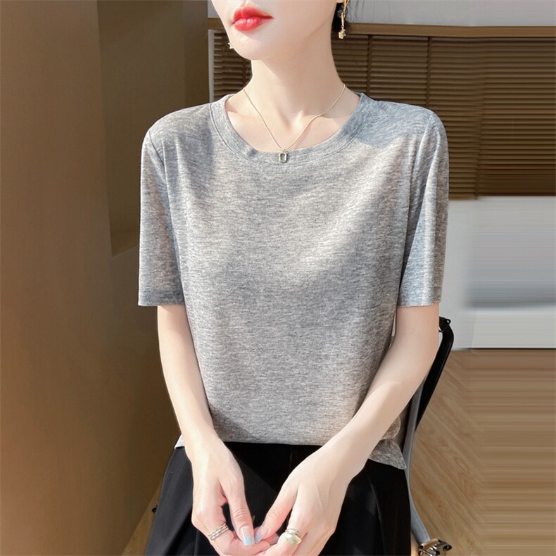 简约圆领百搭显瘦短袖内搭上衣女,针织衫/毛衣,绒宛羊绒