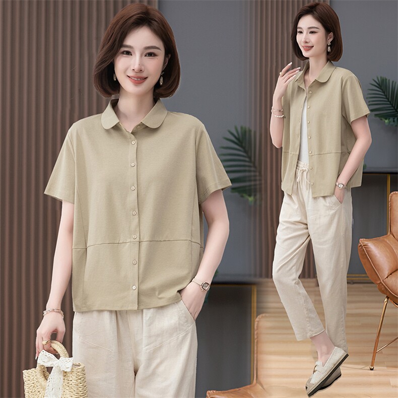 短袖衬衫女夏季2025年新款宽松休闲衬衣中年妈妈简约百搭显瘦上衣，女装衬衫，阿丹