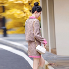 【新款现货】2024年冬季新款法式小香气质撞色双排扣两件套20毛，女装套装/套裙，奕薇雅