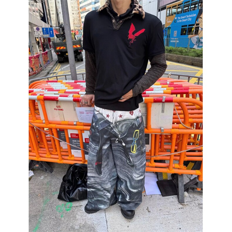 欧美复古街头涂鸦印花破洞乞丐牛仔裤男潮牌宽松嘻哈炸街阔腿长裤,男装牛仔裤,星座813-2
