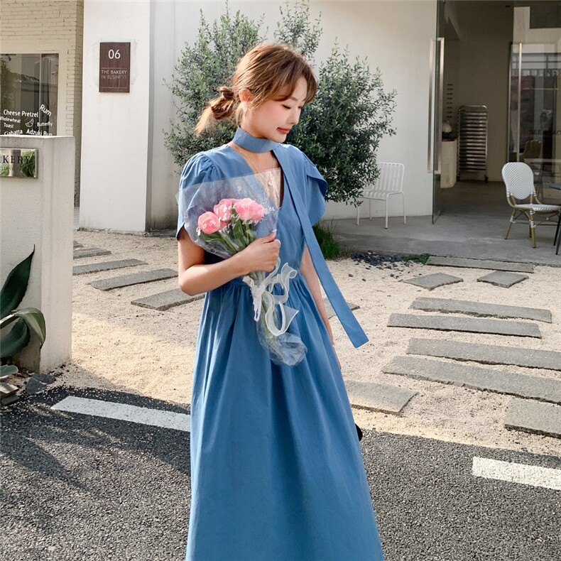 蓝色复古连衣裙女2025年夏季新款韩版设计感气质时尚显瘦A字长裙,女装连衣裙,2C206