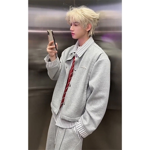 假两件拼接条纹衬衫卫衣高级感衬衣痞帅开衫-WY735-网图图片