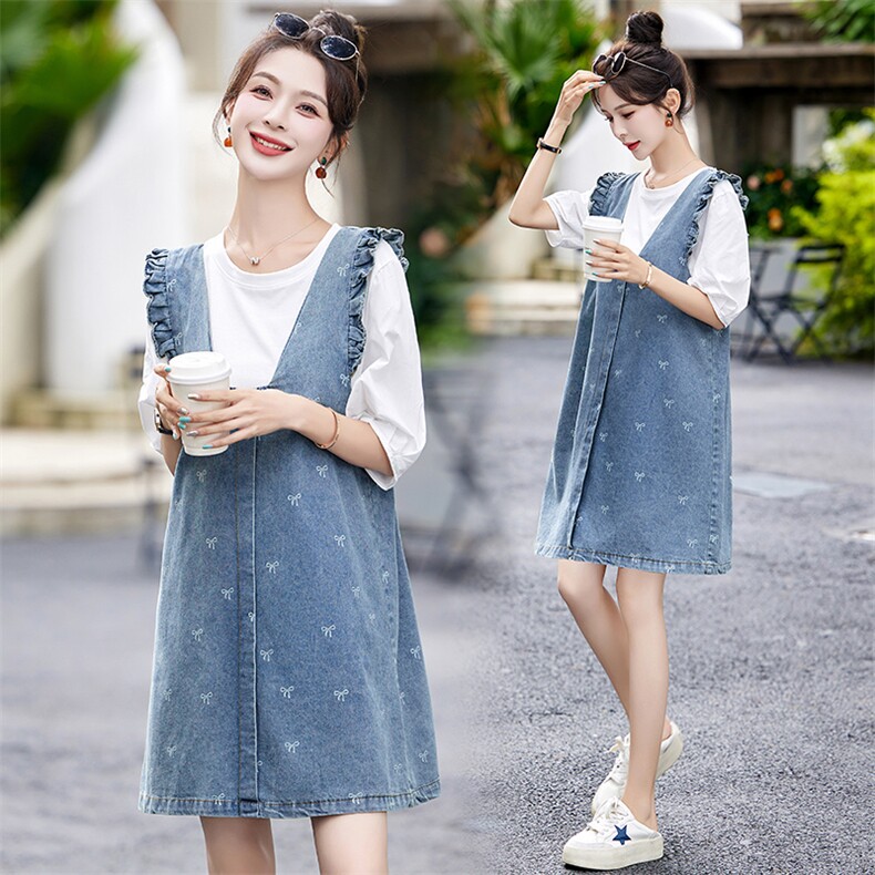 现货！！2024夏季新款气质时尚休闲牛仔印花两件套，女装套装/套裙，魅影