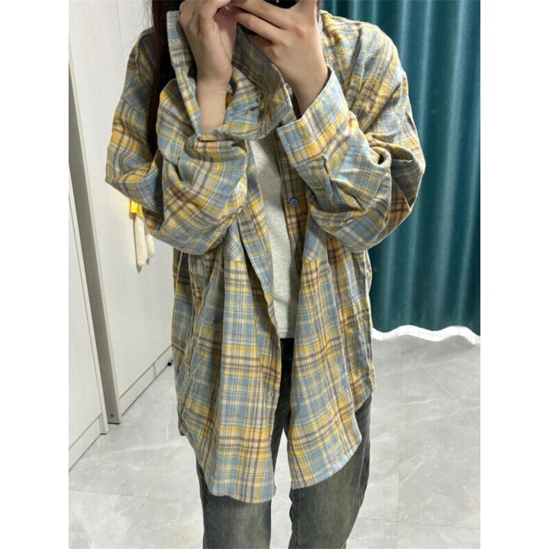 新款休闲百搭宽松衬衫上衣美式复古拼色格子外套男女CYC21,男装衬衫,星座1116A（原606A-3）